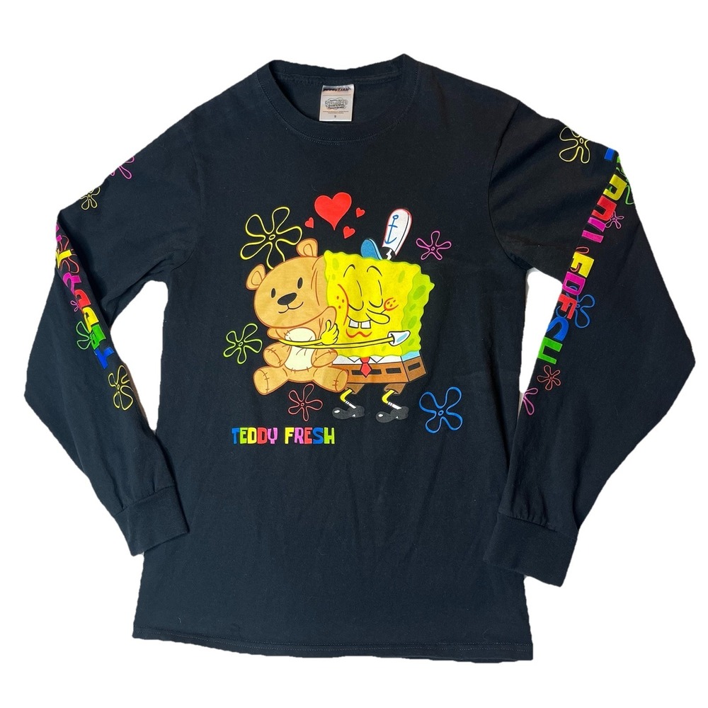 Teddy Fresh Sponge Bob Squarepants Collab Shirt Men Black Long Sleeve Spell Out